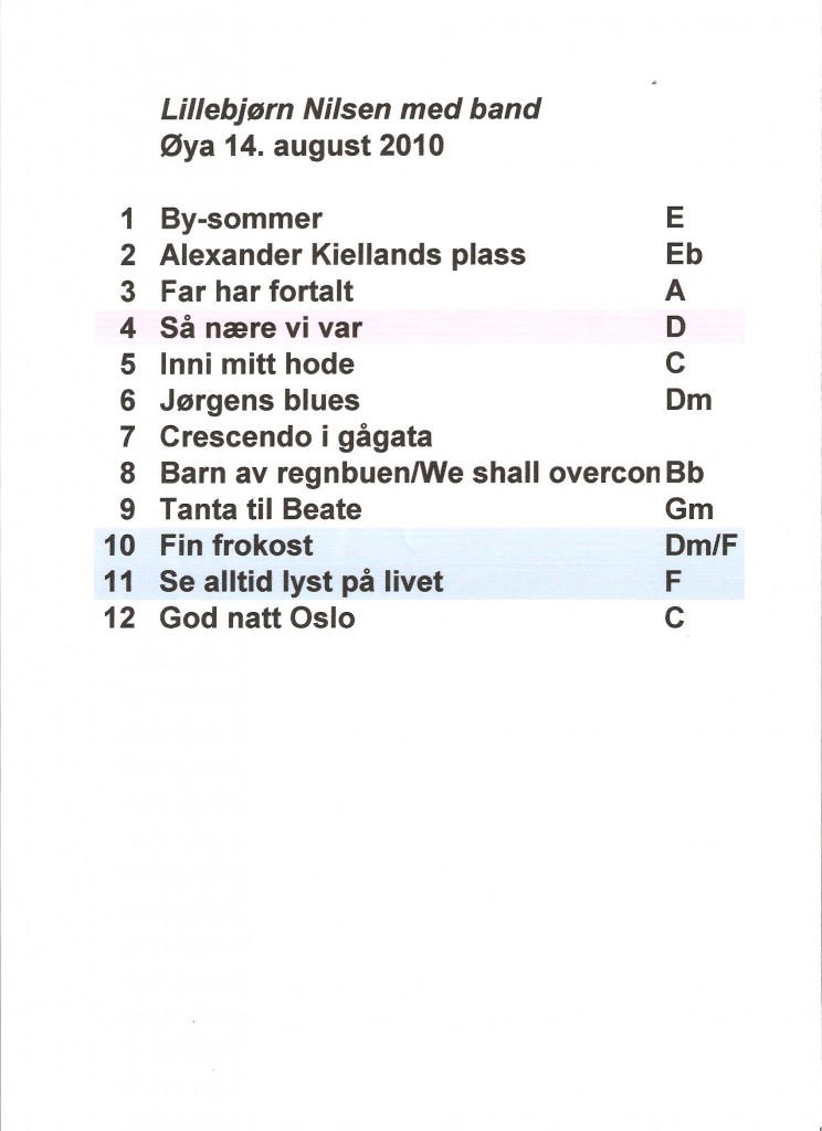 Sett-liste fra Øya Festival 14. august 2010 – LILLEBJØRN NILSEN